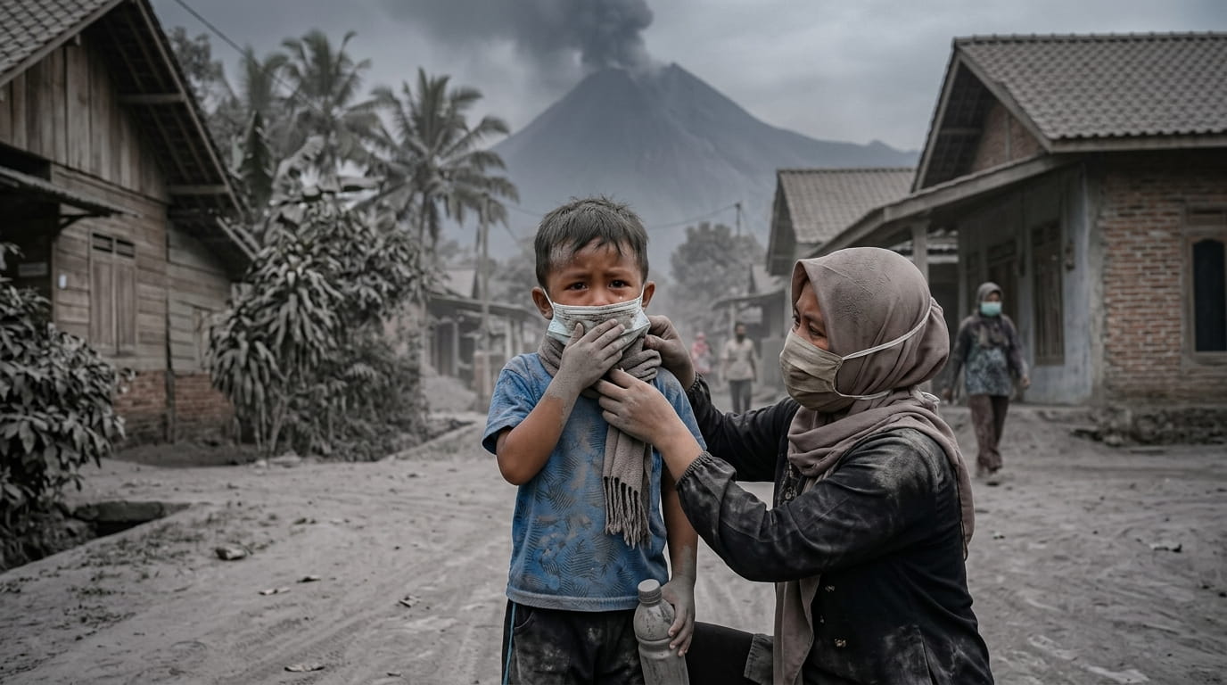Anak terpapar abu vulkanik Gunung Anak Krakatau dengan ilustrasi gangguan pernapasan, iritasi mata, dan kulit serta cara melindungi kesehatan anak