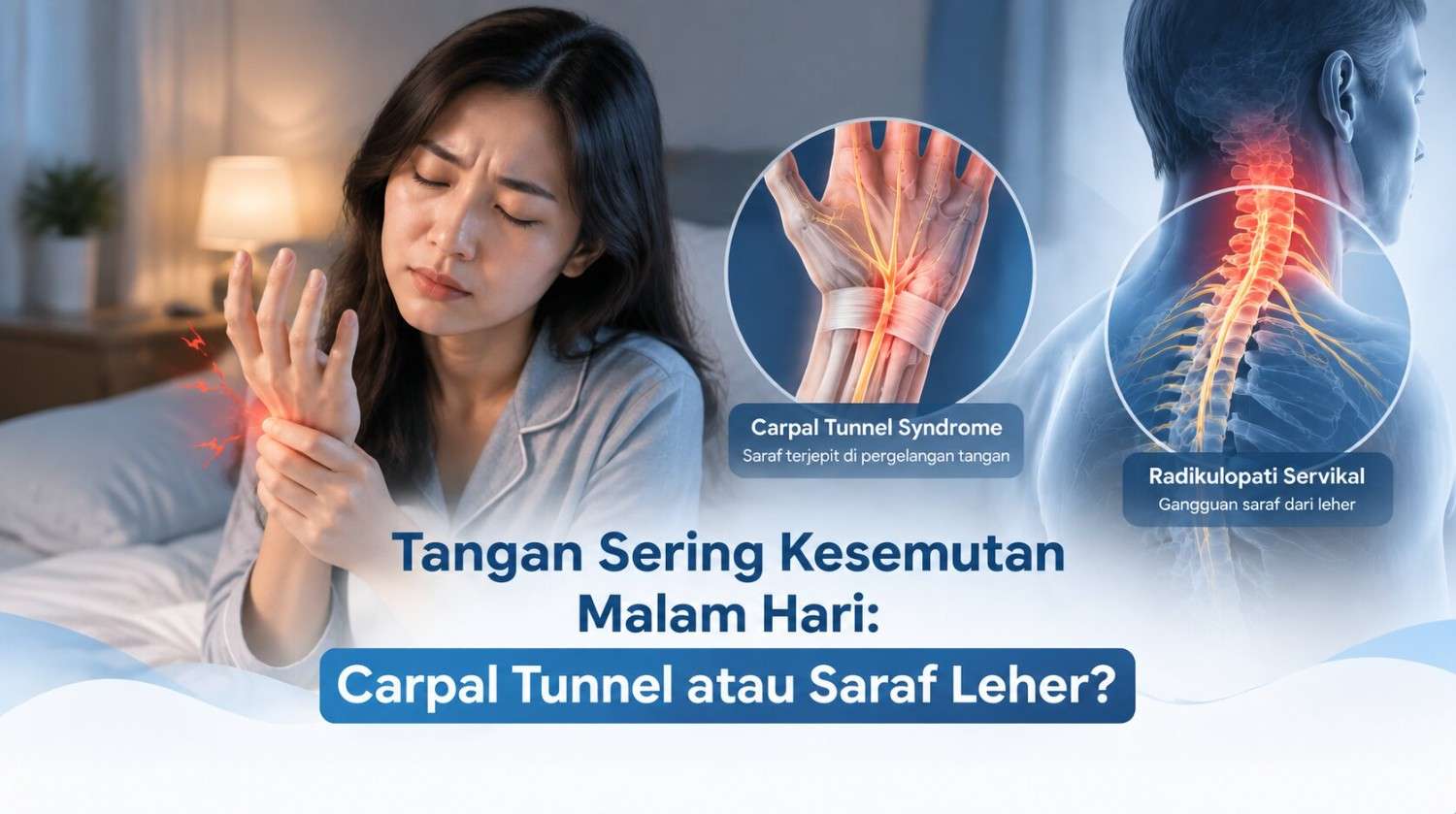 Tangan mengalami kesemutan pada malam hari akibat gangguan saraf seperti Carpal Tunnel Syndrome atau radikulopati servikal