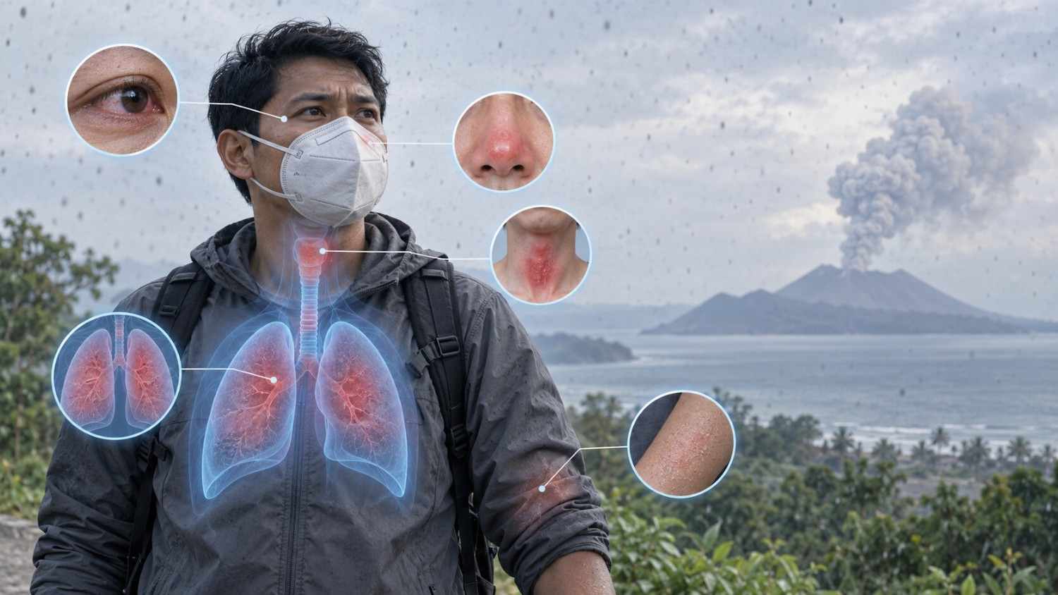 Pria menggunakan masker saat terpapar abu vulkanik Gunung Anak Krakatau dengan ilustrasi dampak pada mata, hidung, tenggorokan, paru-paru, dan kulit.